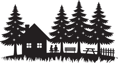 Obraz premium Wooden Log Cabin in Forest with Tall Pines and Mountain Landscape