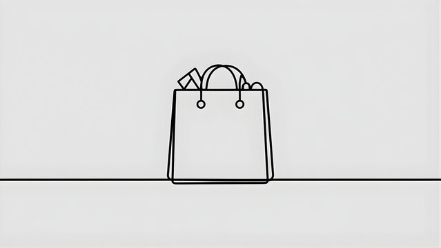 Single-line drawing of a shopping bag silhouette on a light background.