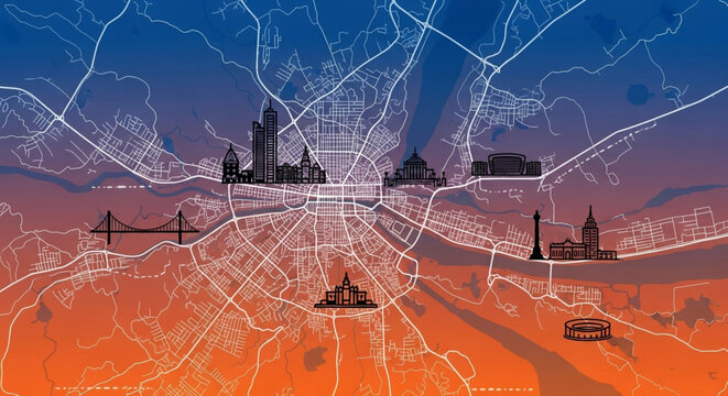 City map with landmarks and famous buildings, a vibrant urban landscape with iconic structures and architectural wonders