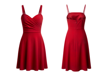 Red cocktail dress front and back, elegant party dress mockup, satin evening dress template, women’s dress clothing, Isolated on transparent background, png