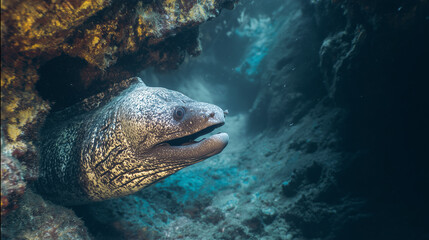 Close-up of a moray eel peeking from a rocky crevice underwater, showcasing textured skin and open jaws amid blue-green reef water, dramatic shadowed seascape and subtle light rays.