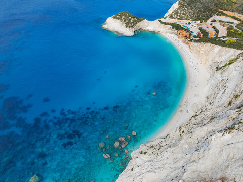 Aerial view of the striking contrast between the turquoise sea and the white cliffs of Porto Katsiki beach, Lefkada, Lefkada, Greece.