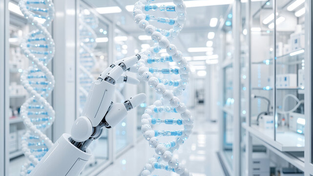 Biotechnology: Robotic Analysis of Glowing DNA Strand - Powered by Adobe