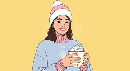 Smiling woman wearing winter hat holds hot chocolate with whipped cream in cozy indoor setting, radiating warmth and festive cheer.