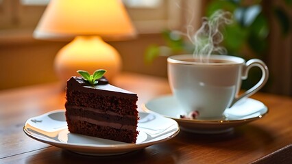 Slice of Rich Chocolate Cake with Hot Tea and a Lit Candle