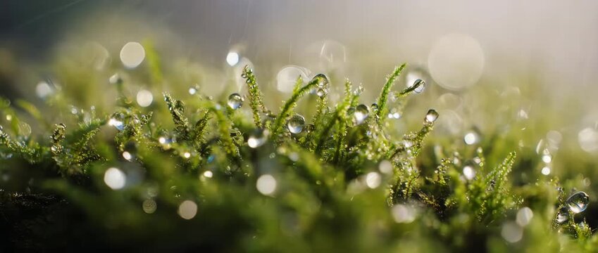 A journey through a miniature forest of wet moss. This macro video reveals a magical, tiny world with water droplets sparkling like jewels.