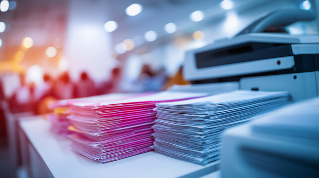 A printer, folders, and documents with coworkers using laptops