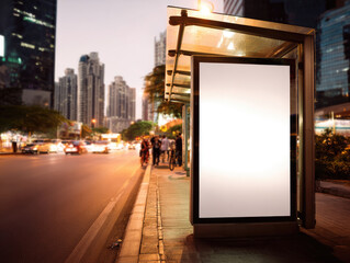 Blank billboard at city bus stop during golden hour with blurred traffic