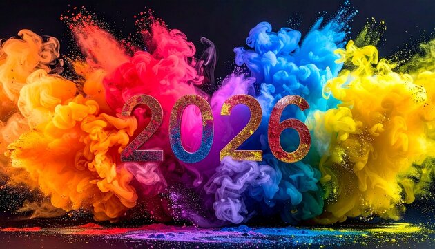 This vibrant digital artwork features the numbers "2026" in bold, 3D text, set against a backdrop of vivid, swirling smoke in hues of orange, yellow, pink, purple, and blue. The smoke appears to be in