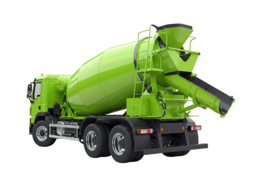 Isolated concrete mixer truck, ready for a building site, in bright green, industrial design
