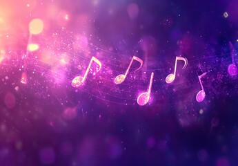 A purple background with musical notes, soft lighting, and a cinematic feel