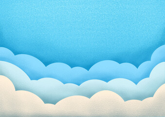 Soft Textured Blue Sky with Layered Fluffy Paper-Cut Clouds Illustration.