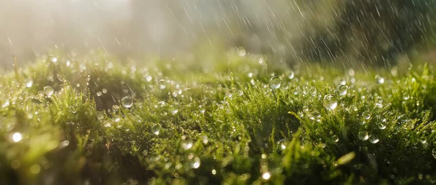 A journey through a miniature forest of wet moss. This macro video reveals a magical, tiny world with water droplets sparkling like jewels.