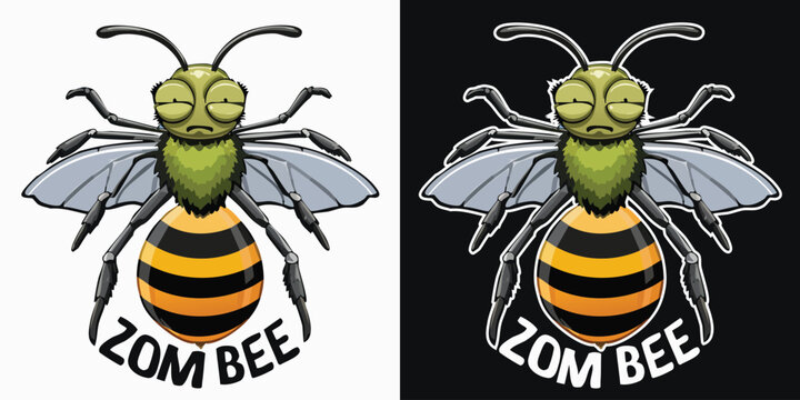 A humorous cartoon-style zombie bee character for a T-shirt design, featuring a round green