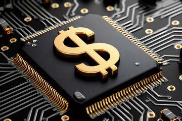 Golden dollar currency symbol on computer circuit board