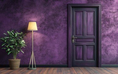 A purple wall with a door and a wooden floor
