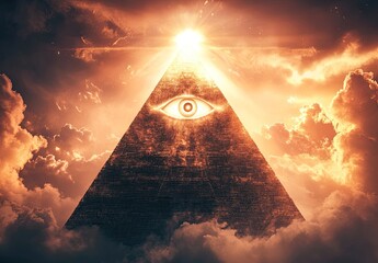 A pyramid with an eye in the center, surrounded by dark clouds and rays of light shining through them