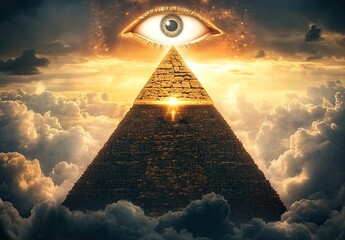 A pyramid with an eye in the center, surrounded by dark clouds and rays of light shining through them