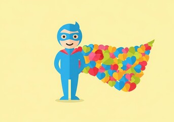 A cheerful cartoon superhero boy with a cape made of colorful hearts, standing against a pale yellow background