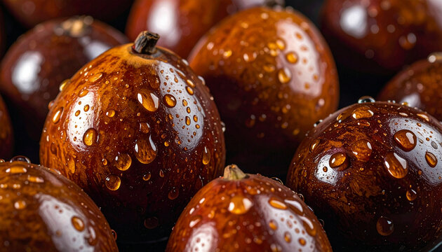 Fresh black sapote (chocolate pudding fruit) with glossy texture, macro detail