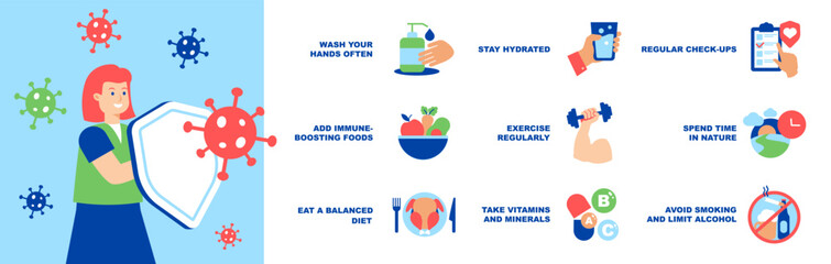 Flat style infographic about boosting immunity naturally. Includes clean icons, text blocks, and wellness tips