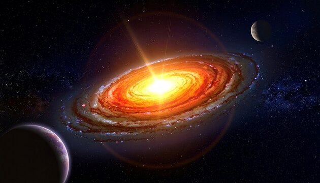 This CGI digital artwork depicts a vibrant, swirling galaxy with a bright, fiery core emitting intense yellow and orange light. Surrounding the galaxy, the outer rings glow with reds and purples. In t