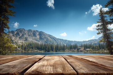 Wooden tabletop set against the backdrop of a lake	