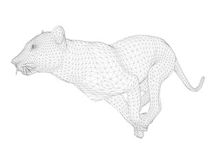 A lioness in motion wireframe model composed of geometric lines and shapes, creating a detailed and realistic representation of the running animal on a white background.