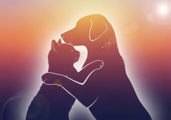 Silhouette of a dog and a cat embracing each other warmly against a vibrant sunset gradient background