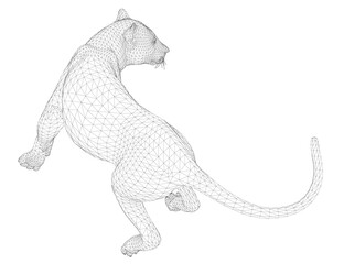 A fierce wireframe panther with wide alert eyes and slightly open mouth stands powerfully on a white background.