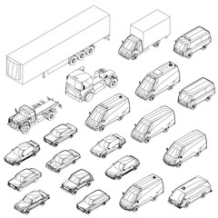 A set of car and truck blueprints in clean white contour outlines. This technical illustration displays various vehicle types with detailed mechanical schematics.