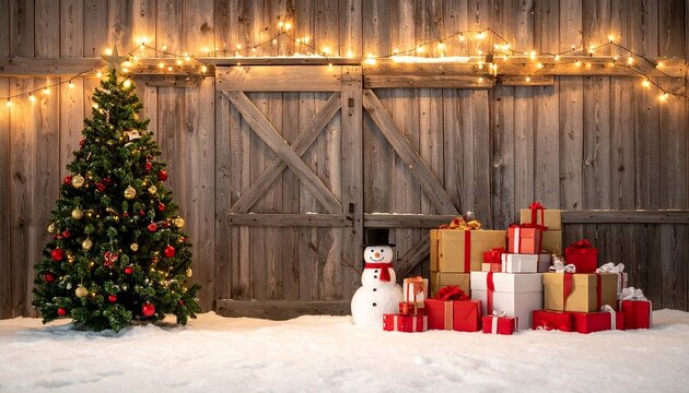 This photograph captures a festive holiday scene featuring a rustic wooden barn with a large, weathered wooden door in the background. A lush, green Christmas tree adorned with red and gold ornaments