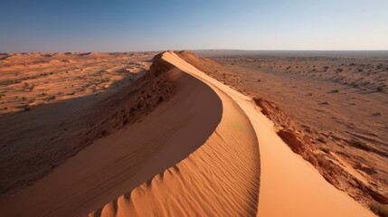 Curved sand dunes in the desert landscape at sunset