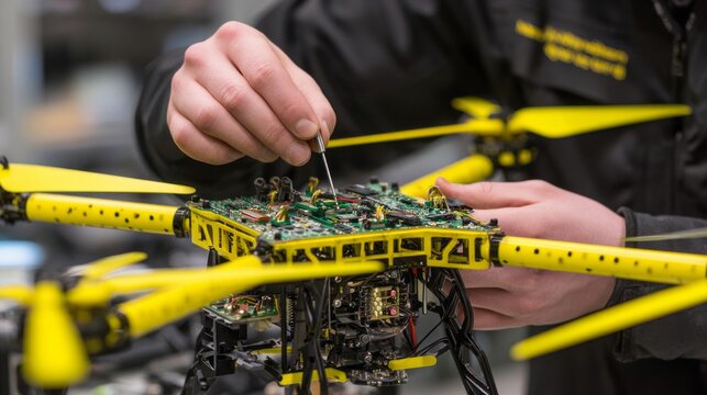 A man is working on a yellow drone
