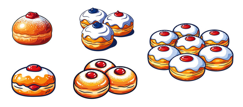 Delightful doughnuts with rich cream filling, topped with cherries and colorful icing. Festive doughnuts served on a bright background showcase delicious flavors perfect for Hanukkah celebrations.