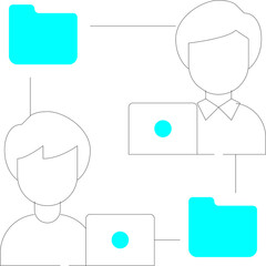 Abstract Illustration of Remote Work Collaboration with Cyan Folders and Stylized Figures on Transparent Background