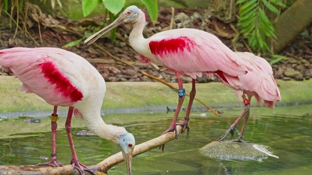 Two roseate spoonbills on a pond looking for food