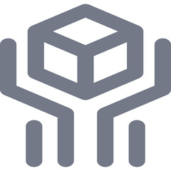 Abstract gray icon of hands holding a cube symbolizing care protection or delivery with a transparent background