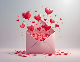 Romantic envelope with red hearts flying out, love message concept, Valentine’s Day greeting card design, pink background, romantic celebration, 3D illustration of love and affection