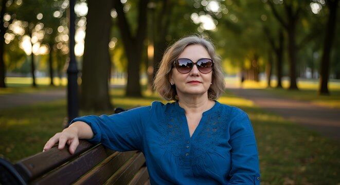 Retrato de mujer madura con gafas de sol sentada en un banco del parque