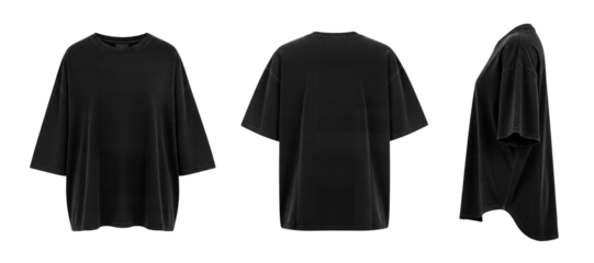 Black oversized T‑shirt front, back, side view mockup, oversized T‑shirt template, blank T‑shirt apparel, T‑shirt clothing set, Isolated on transparent background, png