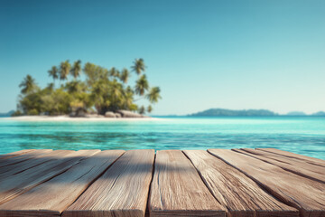 Wooden tabletop with tropical beach background