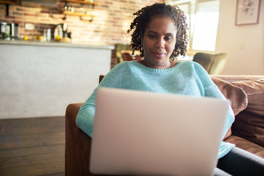 Young adult pregnant woman using laptop at home