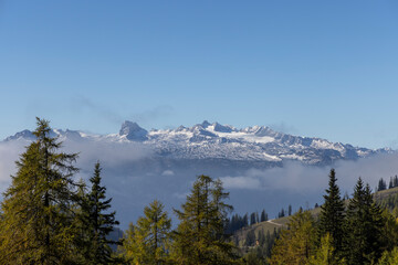 View from the Taupitzalm to the summit panorama of the highest mountain in Styria, the Dachstein Mountains in Styria