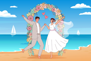 Cartoon style wedding on the sunny beach. Invitation illustration with a happy and in love bride and groom