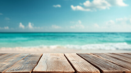 Wooden tabletop with tropical beach background
