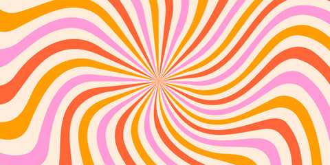Retro swirl groovy starburst background with wavy lines in pink, orange, yellow. Psychedelic abstract design inspired by 70s style. Perfect for posters, prints, and web design. Vector illustration.