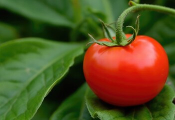 Single tomato on vine with leaves