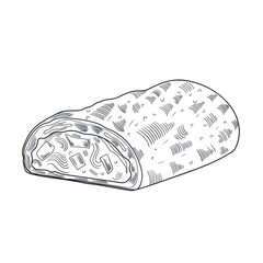 Outline vector illustration of strudel with ice cream and mint. Ideal for coloring pages, icons, logos, menus, and educational materials