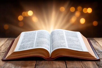 Fototapeta premium Open bible radiating light on wooden table